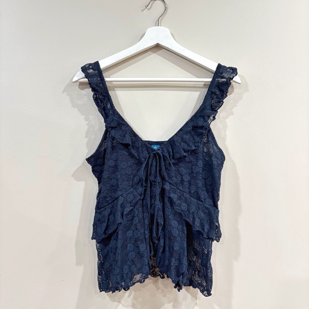 Old Navy Women’s Lace Babydoll Tank Top Navy Blue Size Small Tall Ruffle Bow